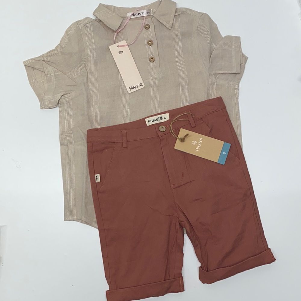 Mauve by pastel wide placket shirt with buttons 100% linen & short boys kids New